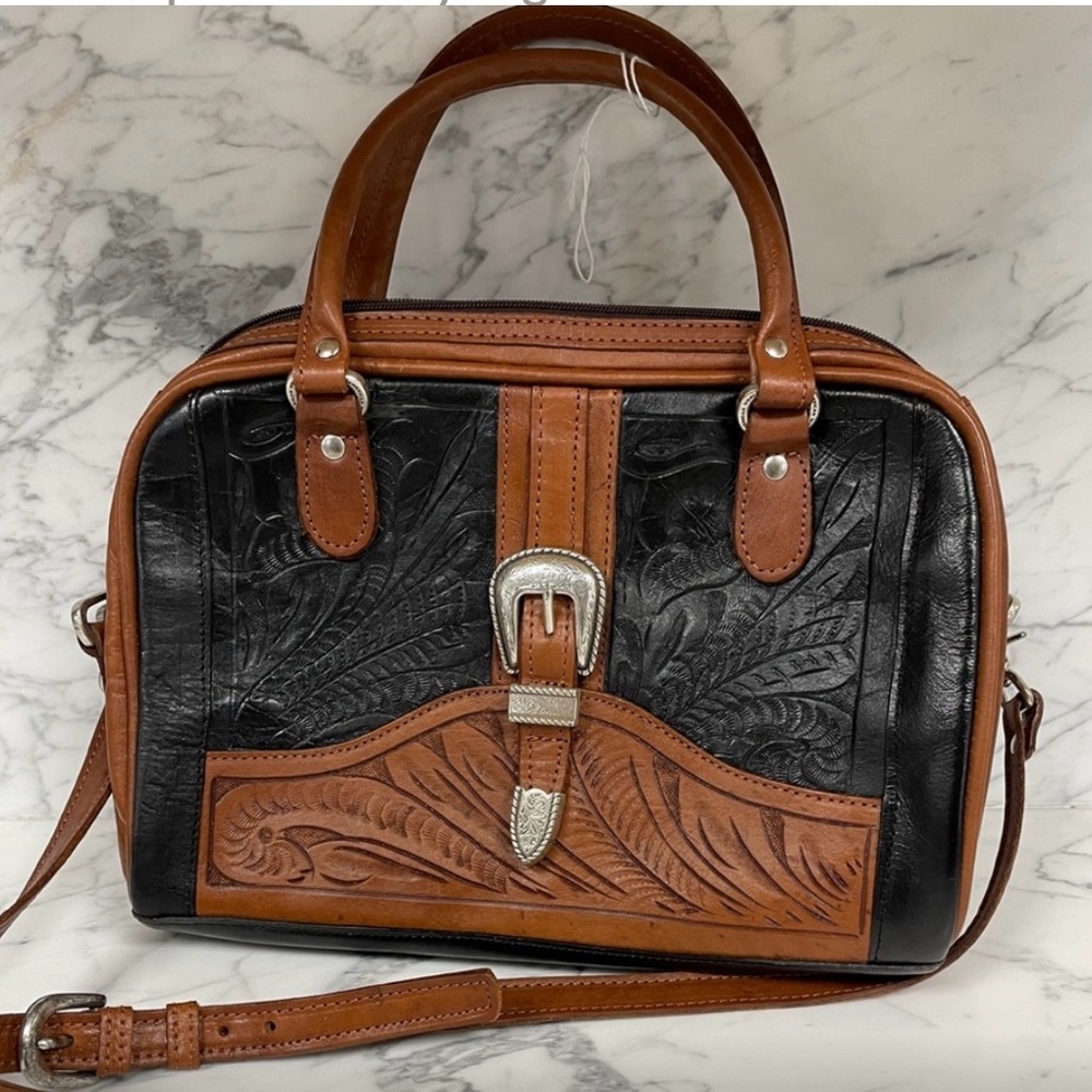Chic Black and Brown Satchel with Silver Buckle
